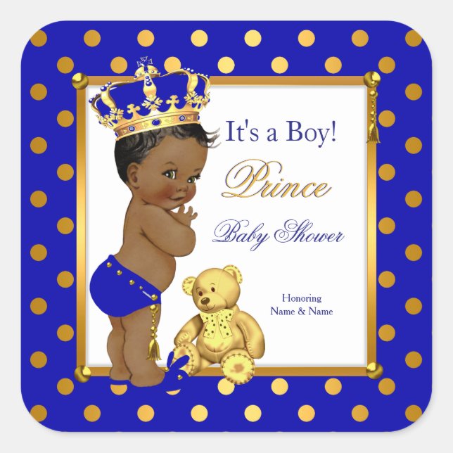 Prince Baby Shower Boy Royal Blue Gold Ethnic Quadratischer Aufkleber (Vorderseite)
