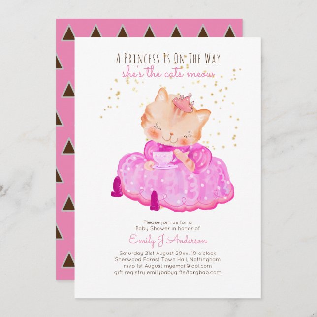 Prince Baby Shower Cats Kitten Girls Pink Niedlich Einladung (Vorne/Hinten)