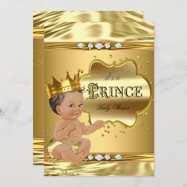 Prince Baby Shower Gold Foil Brünett Baby Boy Einladung (Vorne/Hinten)