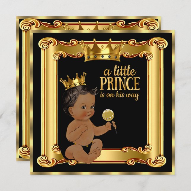 Prince Baby Shower Gold Imitate Foil Black Ethnic Einladung (Vorne/Hinten)