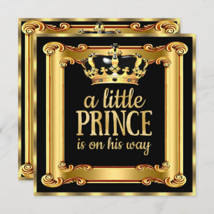 Prince Baby Shower Gold Imitate Foil Black Frame Einladung