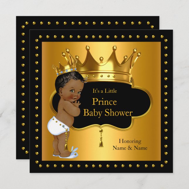 Prince Baby Shower Niedlich Boy Crown Ethnic Einladung (Vorne/Hinten)