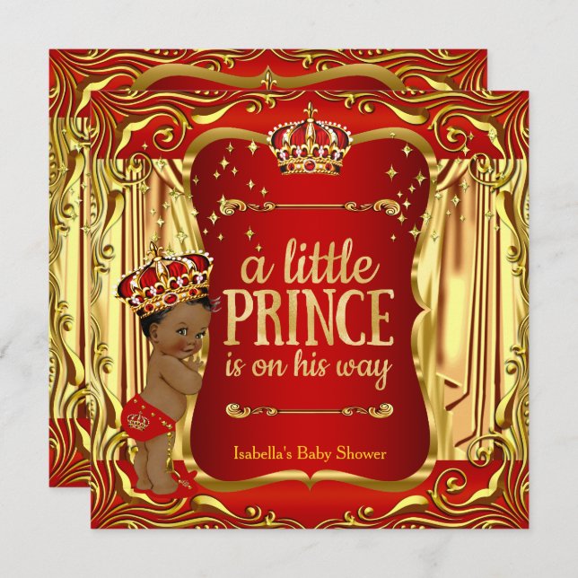 Prince Baby Shower Red Gold American Einladung (Vorne/Hinten)