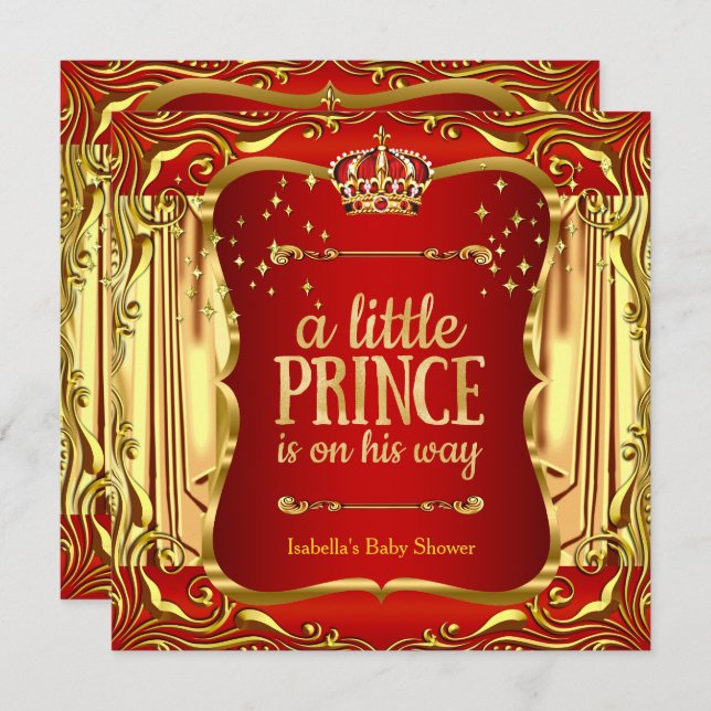 Prince Baby Shower Red Gold Boy Einladung (Vorne/Hinten)