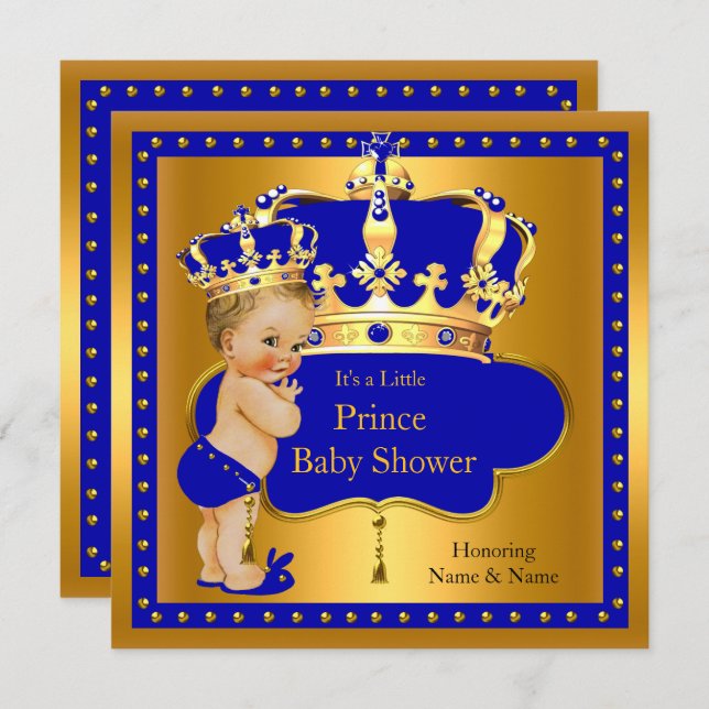 Prince Baby Shower Royal Blue Boy Crown Blonde Einladung (Vorne/Hinten)