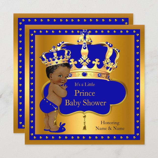Prince Baby Shower Royal Blue Boy Crown Ethnic Einladung (Vorne/Hinten)