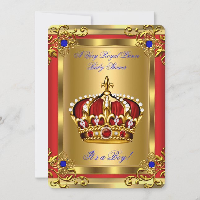 Prince Baby Shower Royal Blue Boy Regal Red Gold Einladung (Vorderseite)
