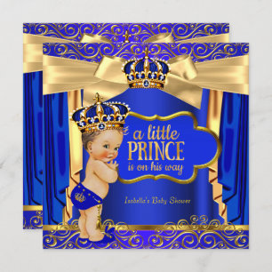 Prince Baby Shower Royal Blue Gold Drapes Brünett Einladung