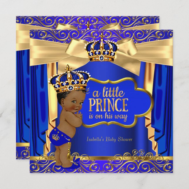 Prince Baby Shower Royal Blue Gold Drapes Ethnic Einladung (Vorne/Hinten)