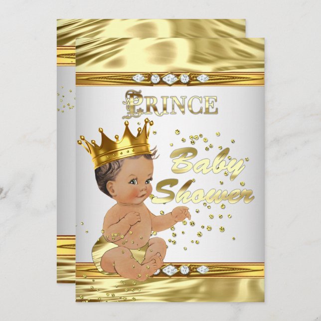 Prince Baby Shower White Gold Foil Brünett Einladung (Vorne/Hinten)