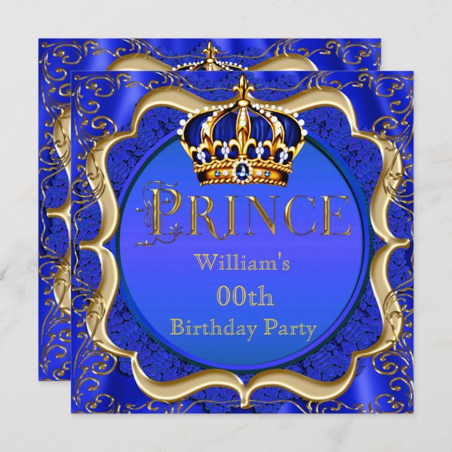Prince Birthday Royal Blue Gold Crown Mens Einladung (Vorne/Hinten)