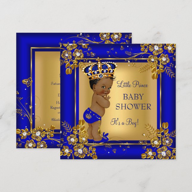 Prince Boy Baby Dusche Gold Blue African American Einladung (Vorne/Hinten)