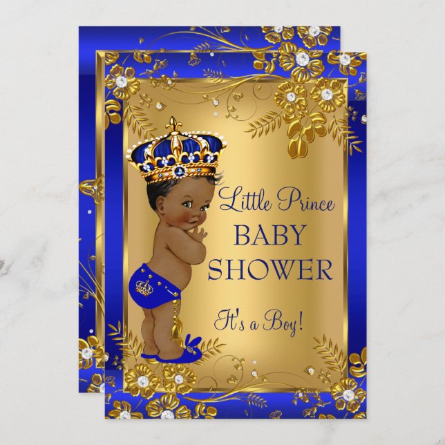Prince Boy Baby Dusche Gold Blue African American Einladung (Vorne/Hinten)
