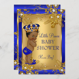 Prince Boy Baby Dusche Gold Blue African American Einladung
