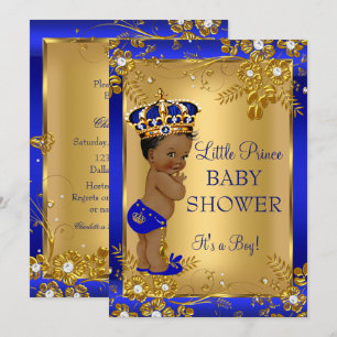 Prince Boy Baby Dusche Gold Blue African American Einladung
