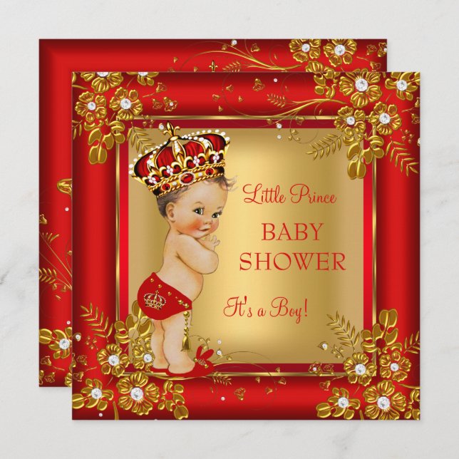 Prince Boy Baby Dusche Gold Red Brünett Einladung (Vorne/Hinten)