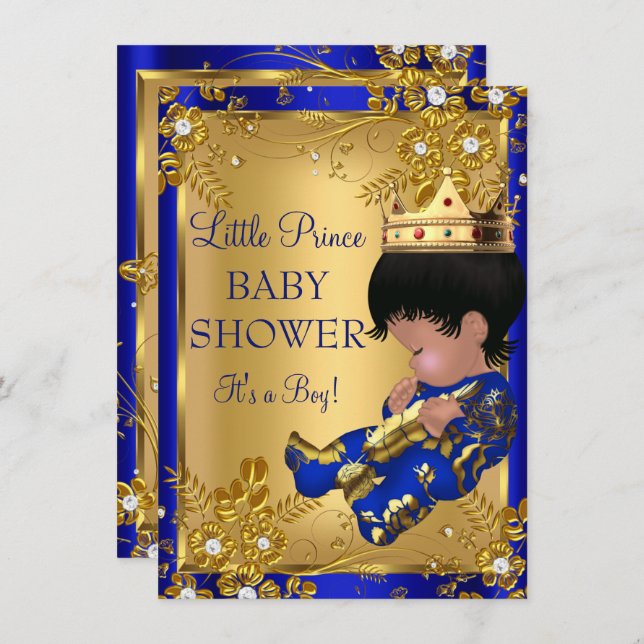 Prince Boy Baby Shower Gold & Blue Einladung (Vorne/Hinten)
