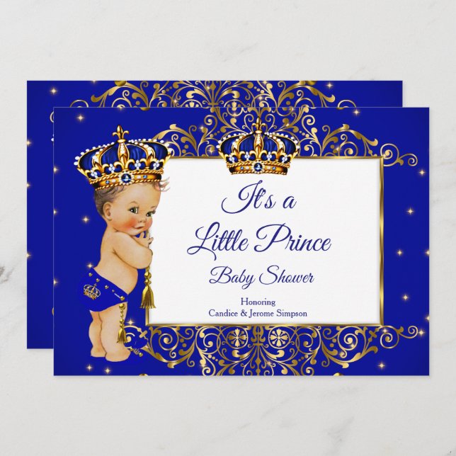 Prince Boy Baby Shower Royal Blue Gold Brünett 2 Einladung (Vorne/Hinten)