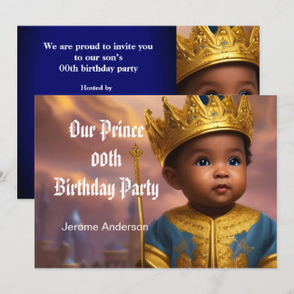 Prince Boy Birthday Blue Gold African American 2 Einladung