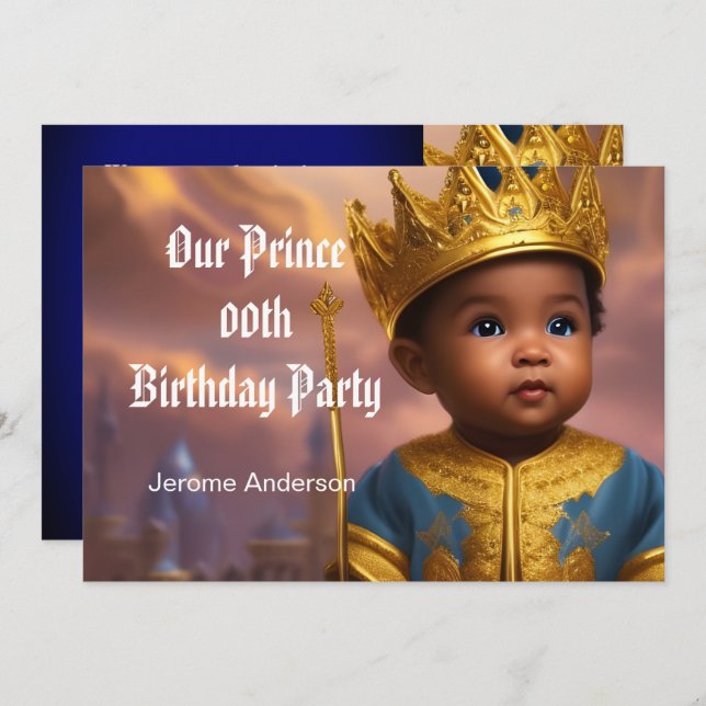 Prince Boy Birthday Blue Gold African American 2 Einladung (Vorne/Hinten)