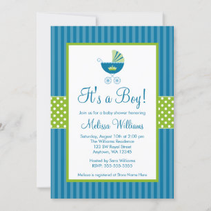 Prince Carriage Blue Green Stripes Baby Dusche Einladung