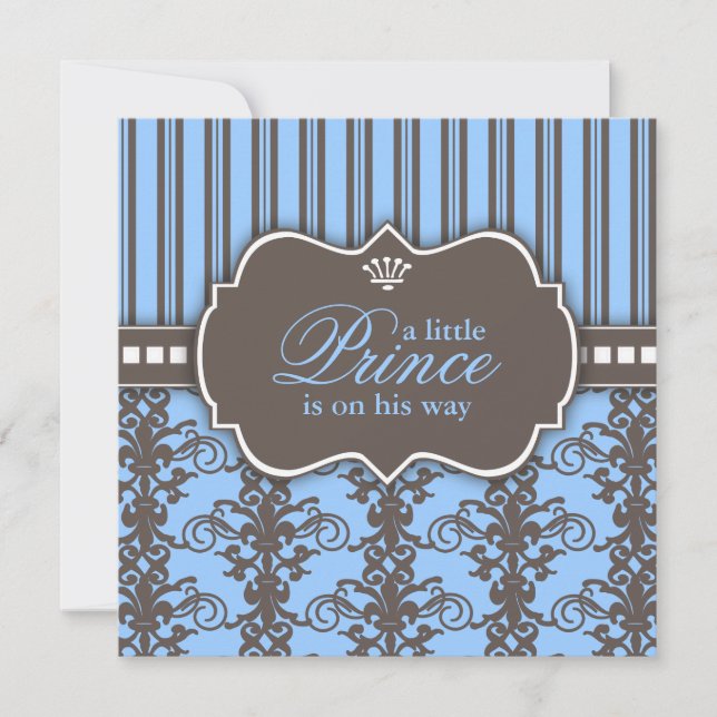 Prince Damask & Stripe Black & Blue Baby Dusche Einladung (Vorderseite)