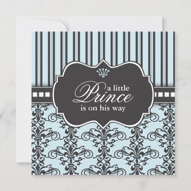 Prince Damask & Stripe Black & Blue Baby Dusche Einladung (Vorderseite)
