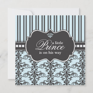 Prince Damask & Stripe Black & Blue Baby Dusche Einladung