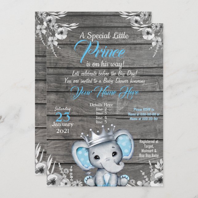 Prince Elephant Baby Shower Einladung Silver Blue (Vorne/Hinten)