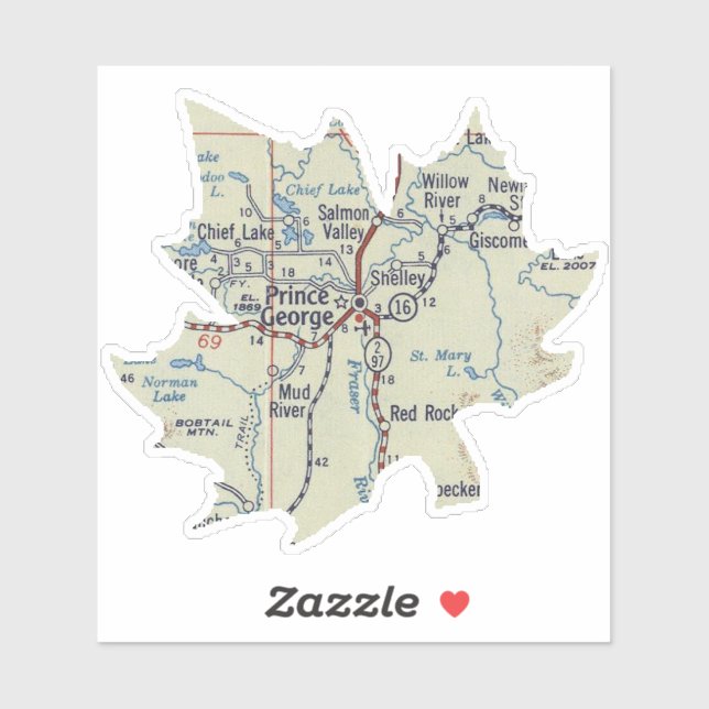 Prince George BC Map Aufkleber (Blatt)
