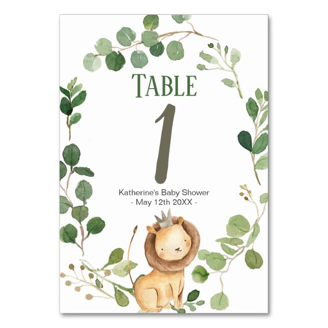 Prince Greenery Lion Baby Shower Tischnummer (Vorderseite)