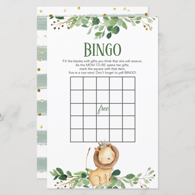 Prince Lion Greenery Baby Shower Bingo Games (Vorne/Hinten)
