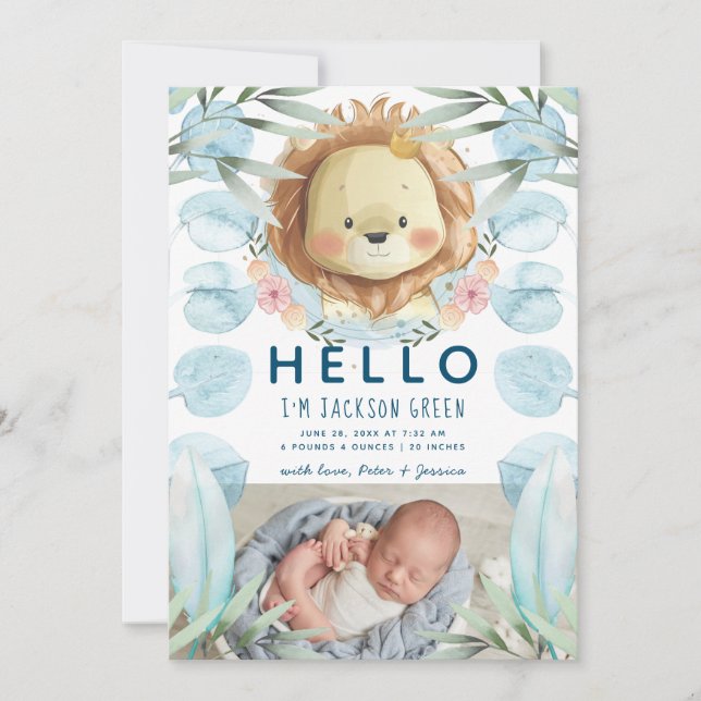 Prince Lion Illustration Foto Birth Ankündigung (Vorderseite)