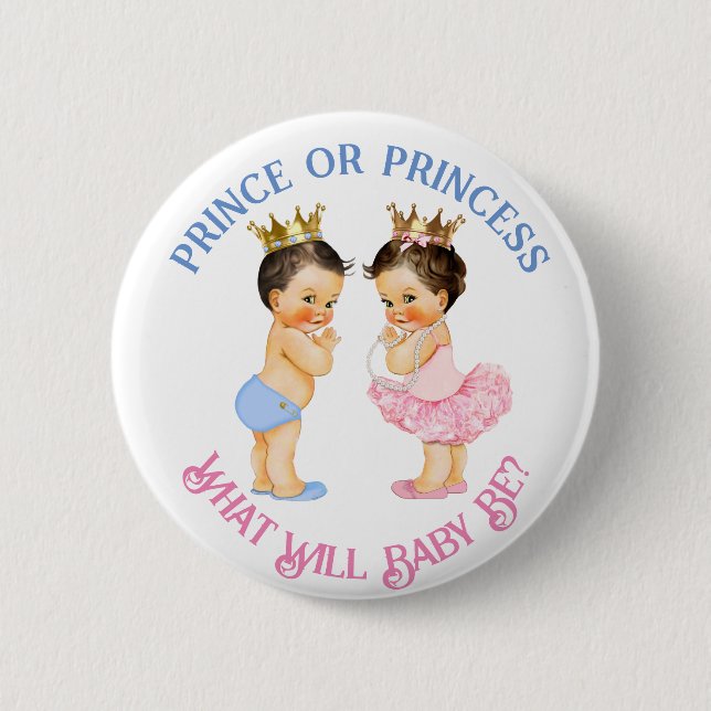 Prince oder Princess Gender Reveal Pink Blue Gold Button (Vorderseite)