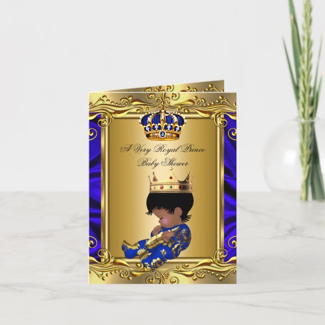Prince Royal Blue Baby Dusche Regal Gold geklappt Einladung (Vorderseite)