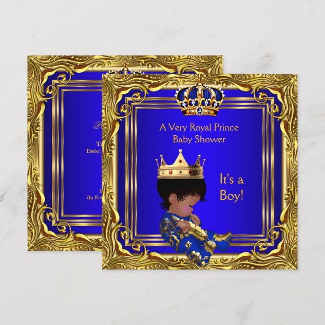 Prince Royal Blue Baby Duwer Gold Boy Ethnic Einladung (Vorne/Hinten)