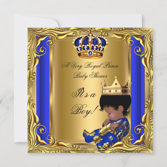 Prince Royal Blue Baby Shower Gold Ethnic Boy Einladung (Vorderseite)