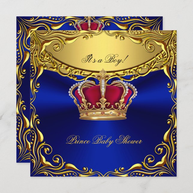 Prince Royal Blue Baby Shower Regal Red Gold Boy Einladung (Vorne/Hinten)