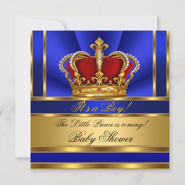 Prince Royal Blue Boy Baby Shower Red Gold Crown Einladung (Vorderseite)
