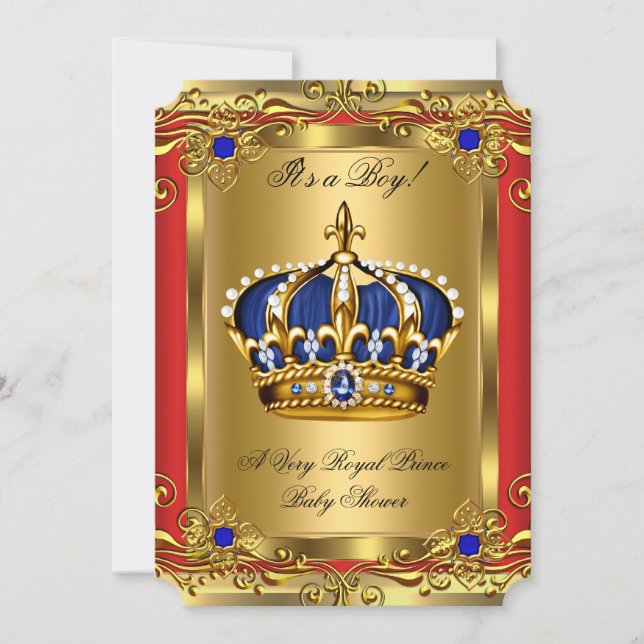 Prince Royal Blue Boy Baby Shower Regal Red Gold 2 Einladung (Vorderseite)