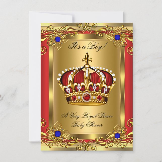 Prince Royal Blue Boy Baby Shower Regal Red Gold 3 Einladung (Vorderseite)