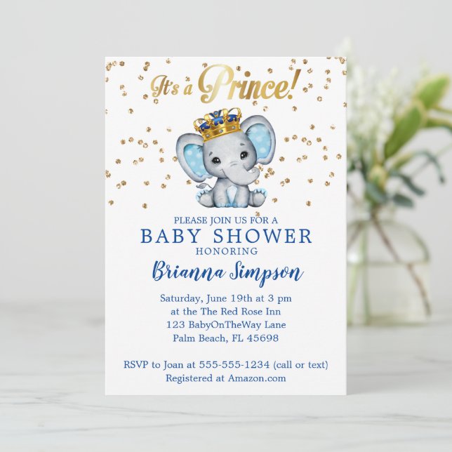 Prince Royal Blue Gold Elephant Boy Baby Dusche Einladung (Stehend Vorderseite)