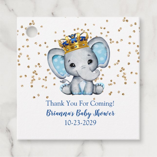 Prince Royal Blue Gold Elephant Boy Baby Shower Fa Geschenkanhänger (Vorderseite)