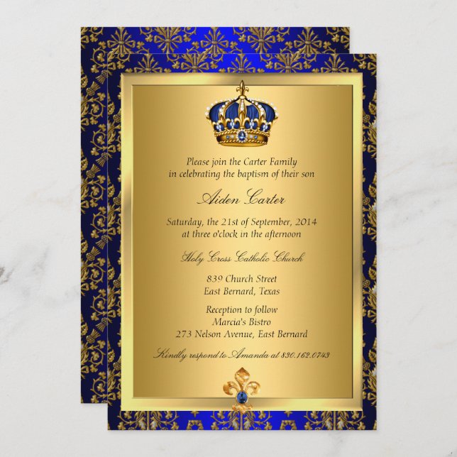 Prince Royal Blue Regal Crown Taufe Einladung (Vorne/Hinten)