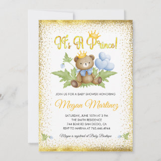 Prince Royal Gold Little Bear Boy Baby Dusche Einladung