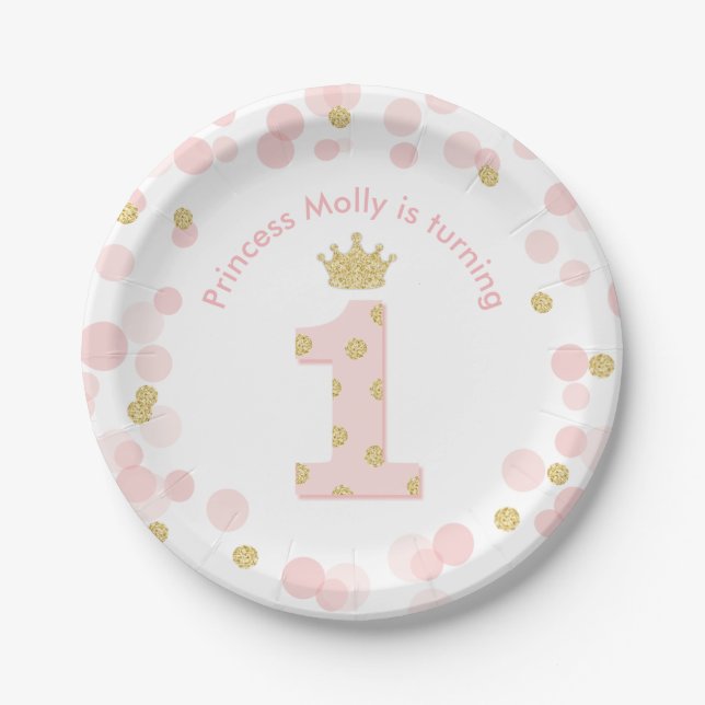 Princess 1. Geburtstag Party Pink Gold Confetti Pappteller (Vorderseite)