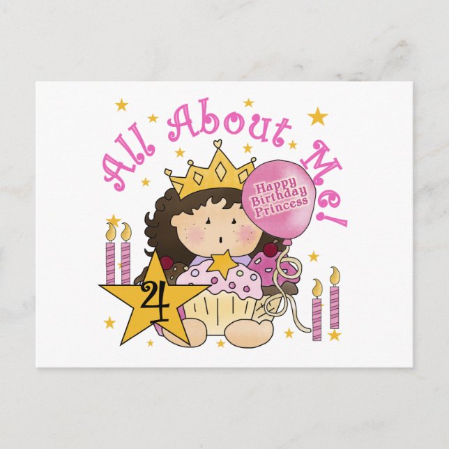 Princess All About Me 4. Birthday Tshirts Postkarte (Vorderseite)