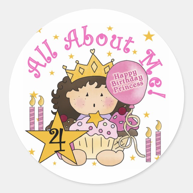 Princess All About Me 4. Birthday Tshirts Runder Aufkleber (Vorderseite)