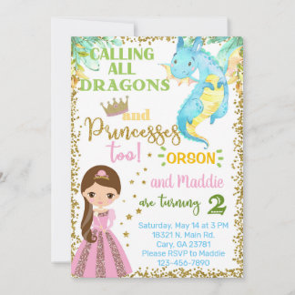 Princess and dragon siblings birthday invitation. einladung