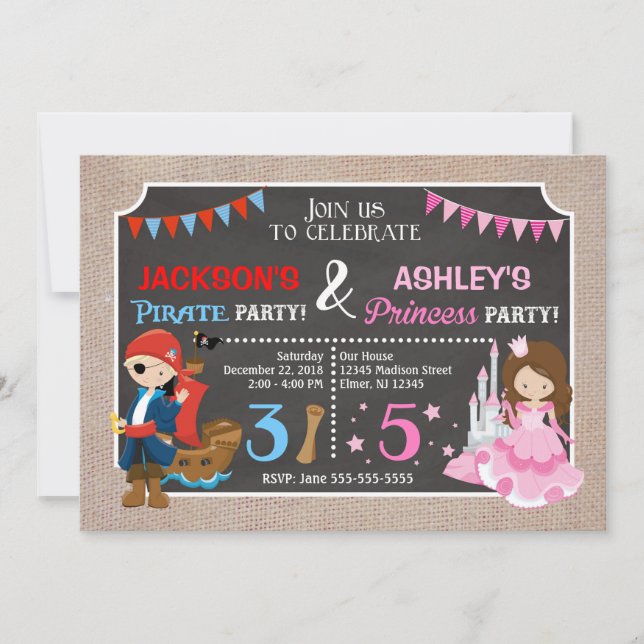 Princess and Pirate Joint BIdday Einladung (Vorderseite)
